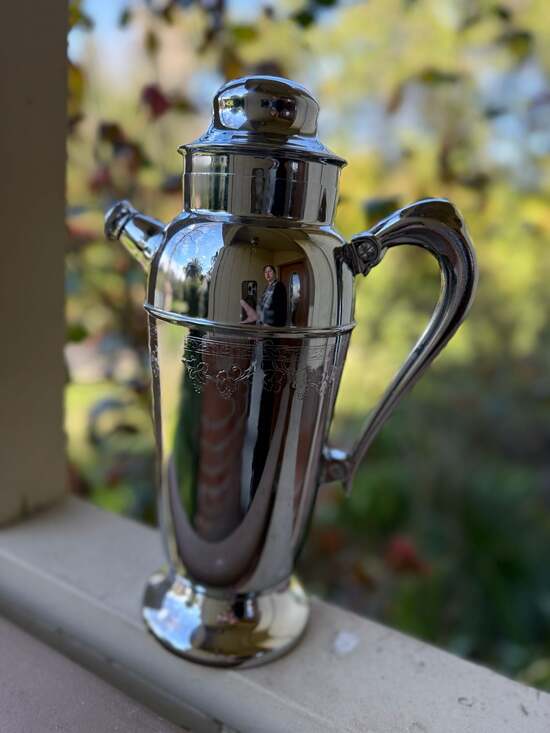 Vintage Art Deco Chrome Cocktail Shaker with Etched Grapevine Design